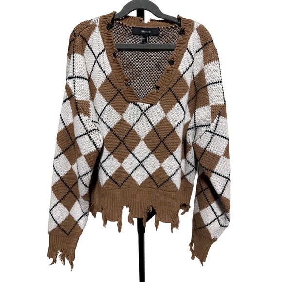 Forever 21 Sweaters - Forever 21 Dark Academia Soft‎ Grunge Brown Argyle Distressed Knit Sweater Small